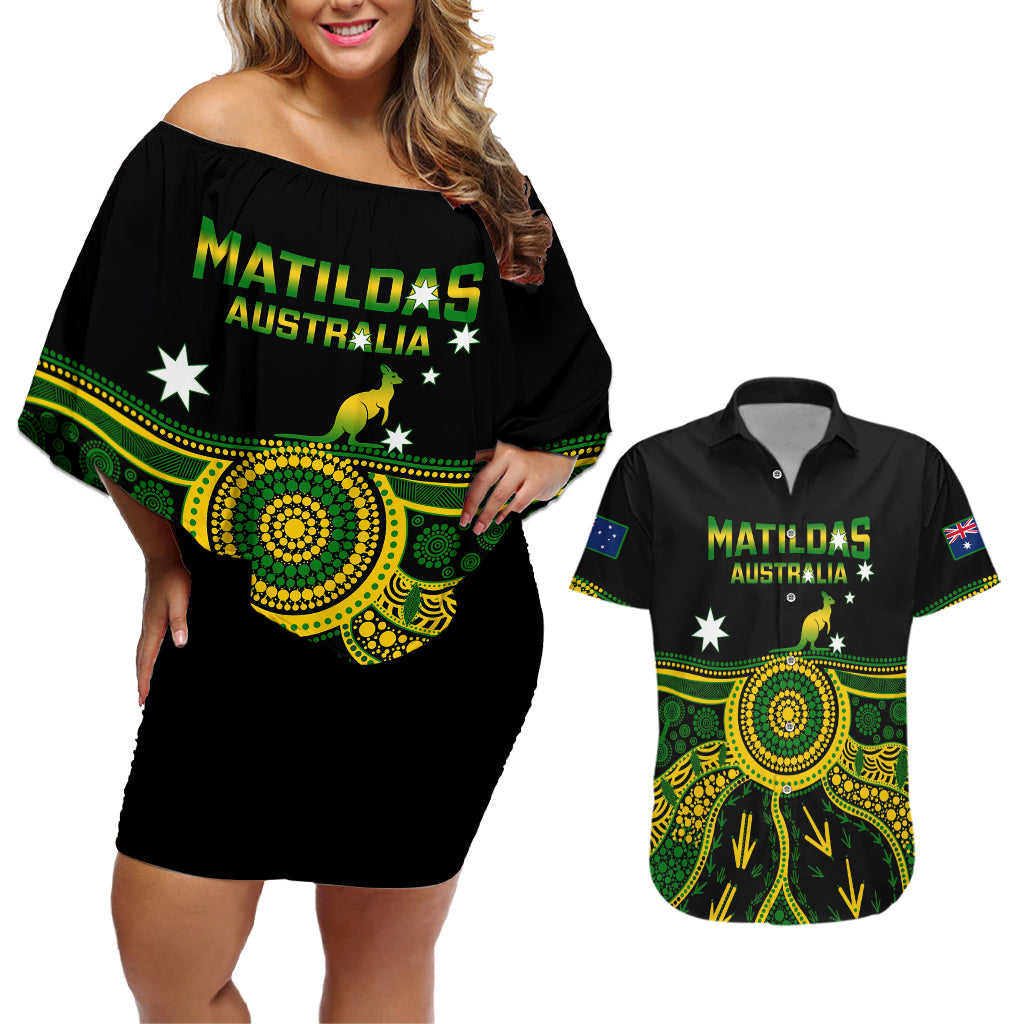 Australia Soccer Couples Matching Off Shoulder Short Dress and Hawaiian Shirt Aboriginal Go Matildas 2023 World Cup - Wonder Print Shop
