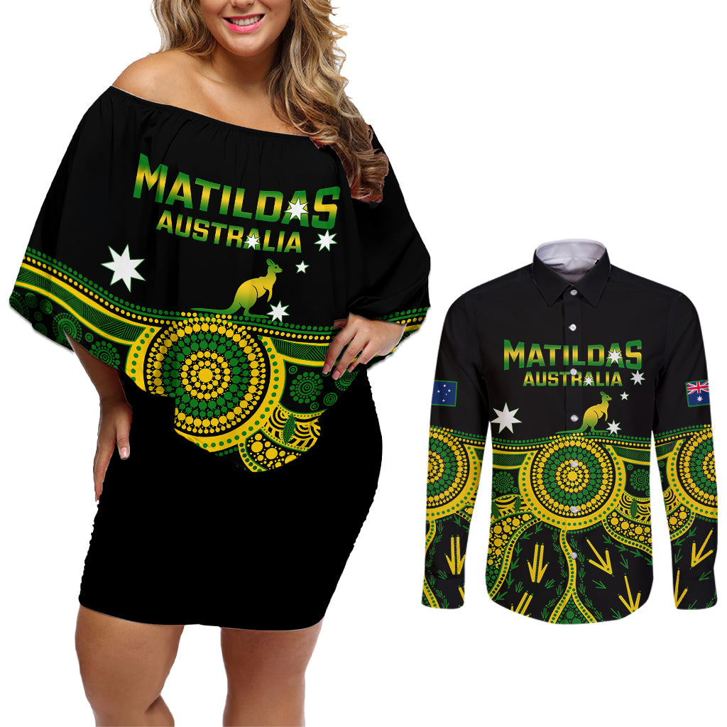 Australia Soccer Couples Matching Off Shoulder Short Dress and Long Sleeve Button Shirts Aboriginal Go Matildas 2023 World Cup - Wonder Print Shop