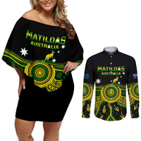 Australia Soccer Couples Matching Off Shoulder Short Dress and Long Sleeve Button Shirts Aboriginal Go Matildas 2023 World Cup - Wonder Print Shop