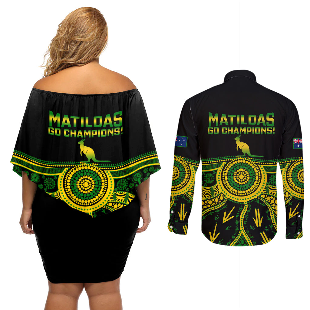 Australia Soccer Couples Matching Off Shoulder Short Dress and Long Sleeve Button Shirts Aboriginal Go Matildas 2023 World Cup - Wonder Print Shop