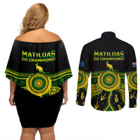 Australia Soccer Couples Matching Off Shoulder Short Dress and Long Sleeve Button Shirts Aboriginal Go Matildas 2023 World Cup - Wonder Print Shop