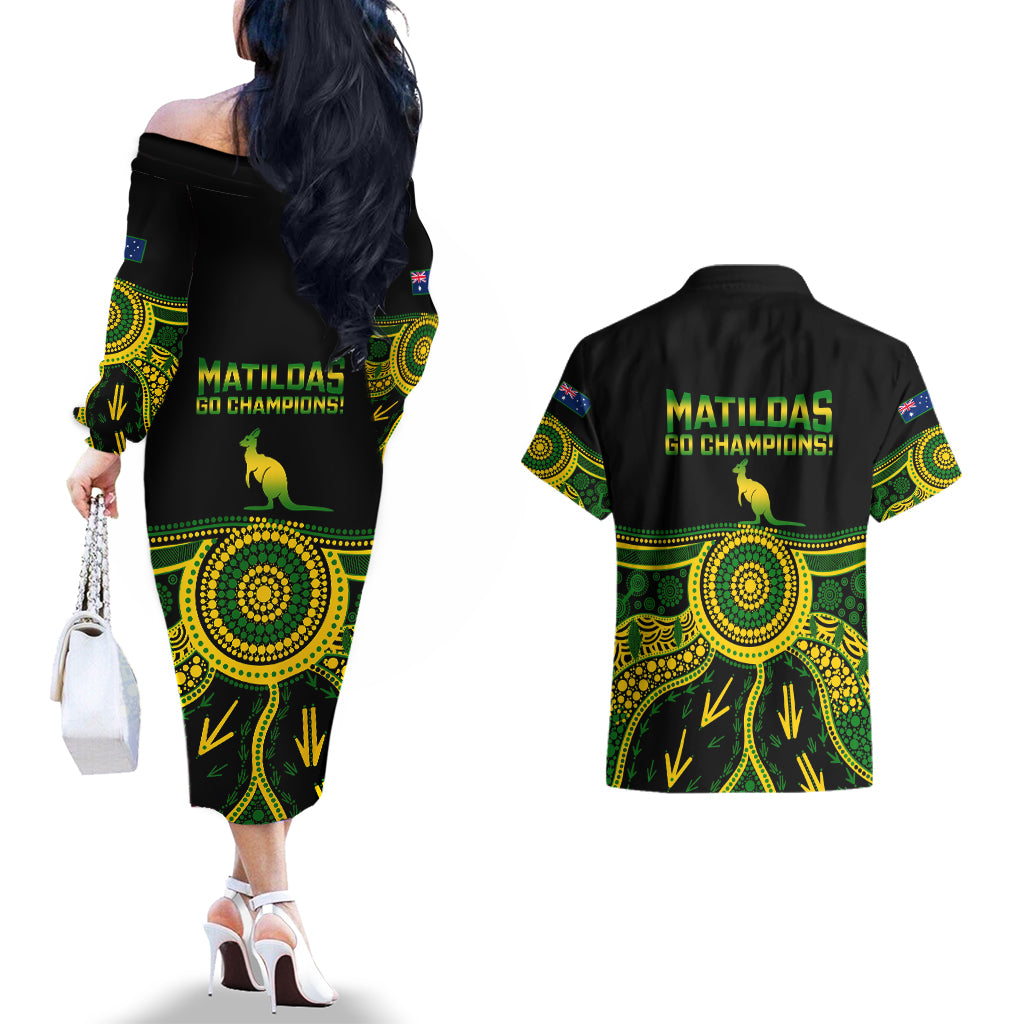 Australia Soccer Couples Matching Off The Shoulder Long Sleeve Dress and Hawaiian Shirt Aboriginal Go Matildas 2023 World Cup - Wonder Print Shop