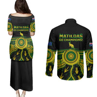 Australia Soccer Couples Matching Puletasi Dress and Long Sleeve Button Shirts Aboriginal Go Matildas 2023 World Cup - Wonder Print Shop