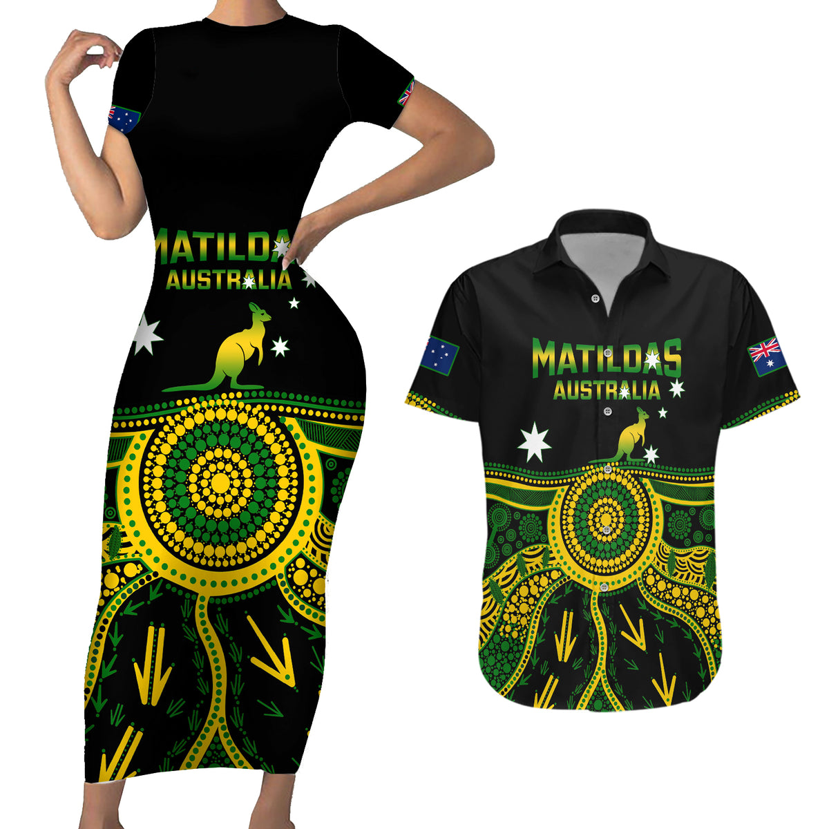 Australia Soccer Couples Matching Short Sleeve Bodycon Dress and Hawaiian Shirt Aboriginal Go Matildas 2023 World Cup - Wonder Print Shop