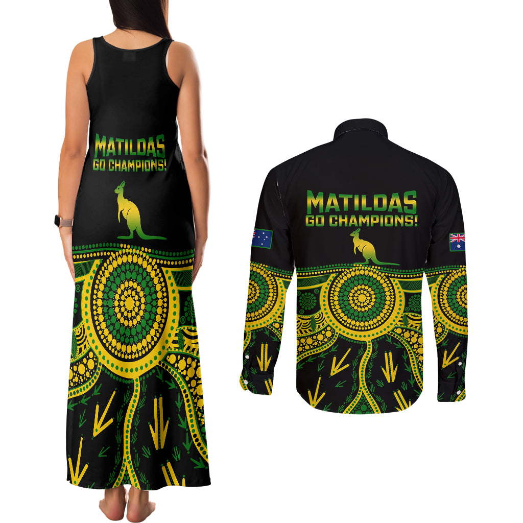 Australia Soccer Couples Matching Tank Maxi Dress and Long Sleeve Button Shirts Aboriginal Go Matildas 2023 World Cup - Wonder Print Shop