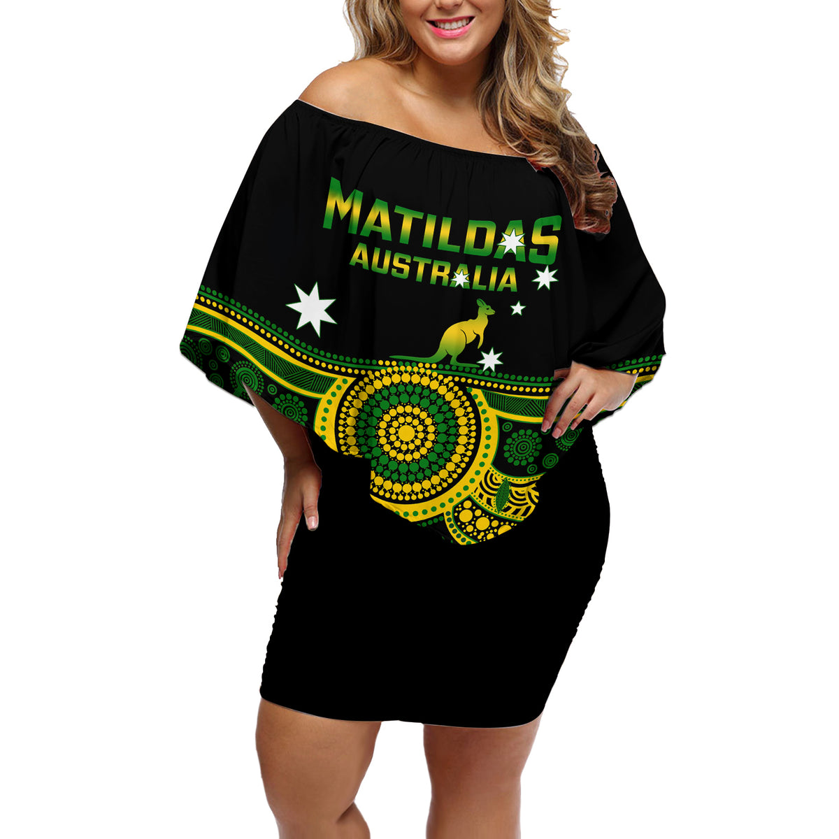 Australia Soccer Off Shoulder Short Dress Aboriginal Go Matildas 2023 World Cup - Wonder Print Shop