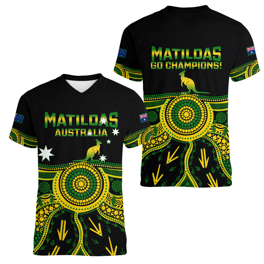 Australia Soccer Women V Neck T Shirt Aboriginal Go Matildas 2023 World Cup - Wonder Print Shop