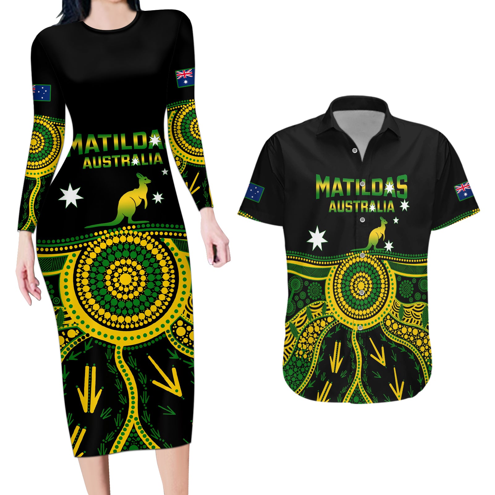 Personalised Australia Soccer Couples Matching Long Sleeve Bodycon Dress and Hawaiian Shirt Aboriginal Go Matildas 2023 World Cup - Wonder Print Shop