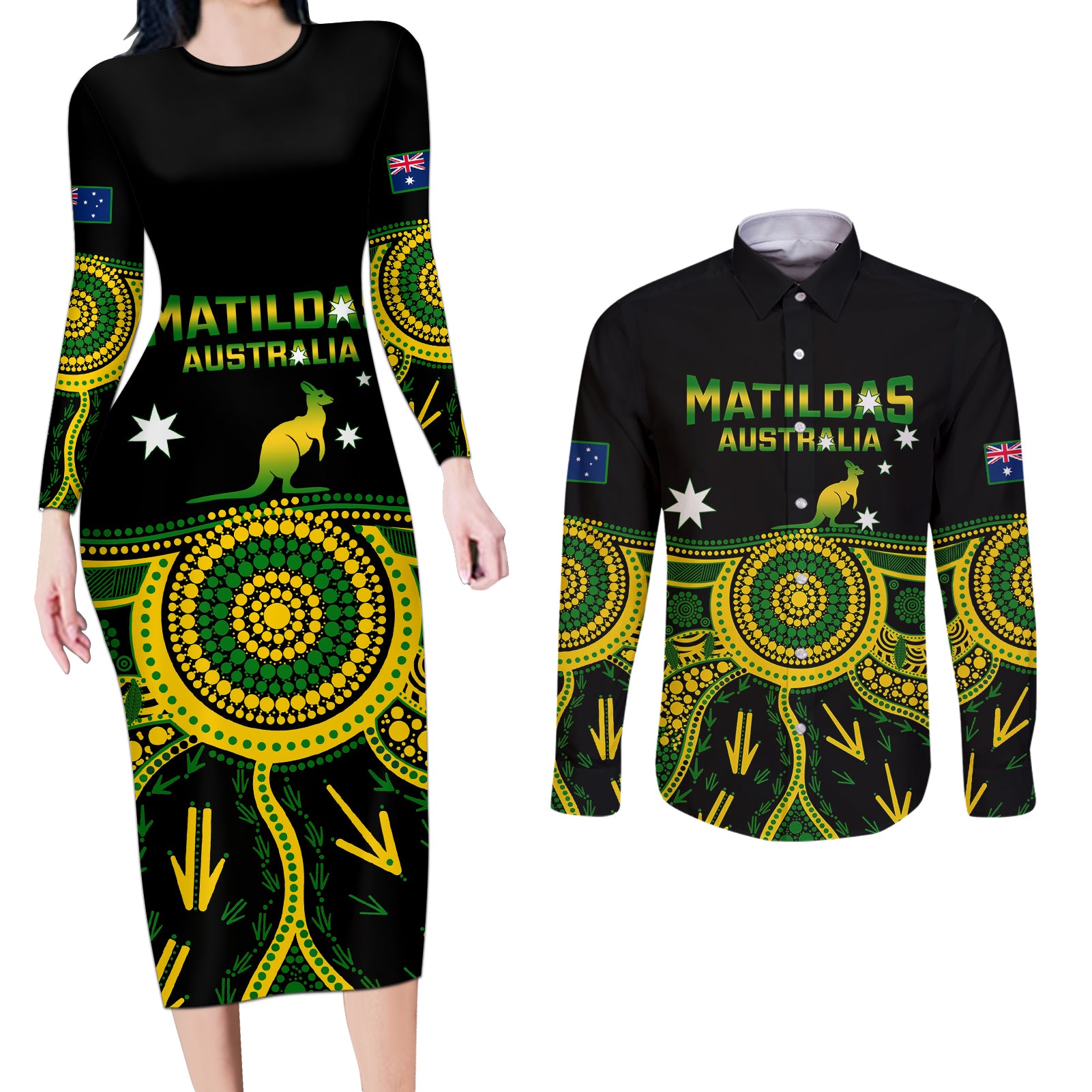 Personalised Australia Soccer Couples Matching Long Sleeve Bodycon Dress and Long Sleeve Button Shirts Aboriginal Go Matildas 2023 World Cup - Wonder Print Shop