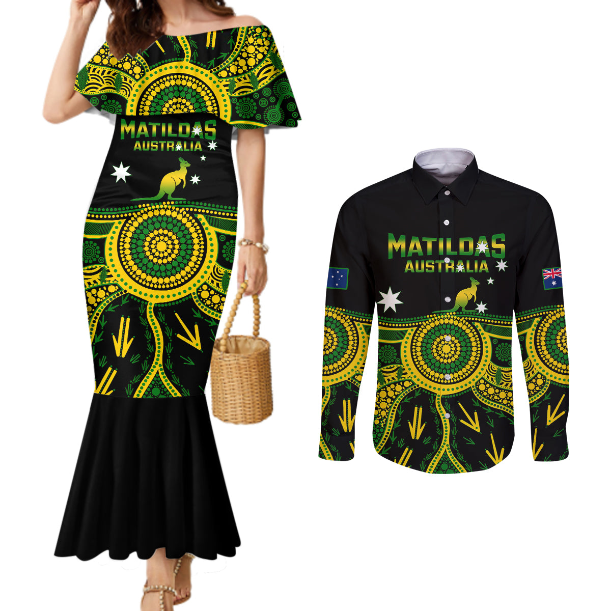 personalised-australia-soccer-couples-matching-mermaid-dress-and-long-sleeve-button-shirts-aboriginal-go-matildas-2023-world-cup