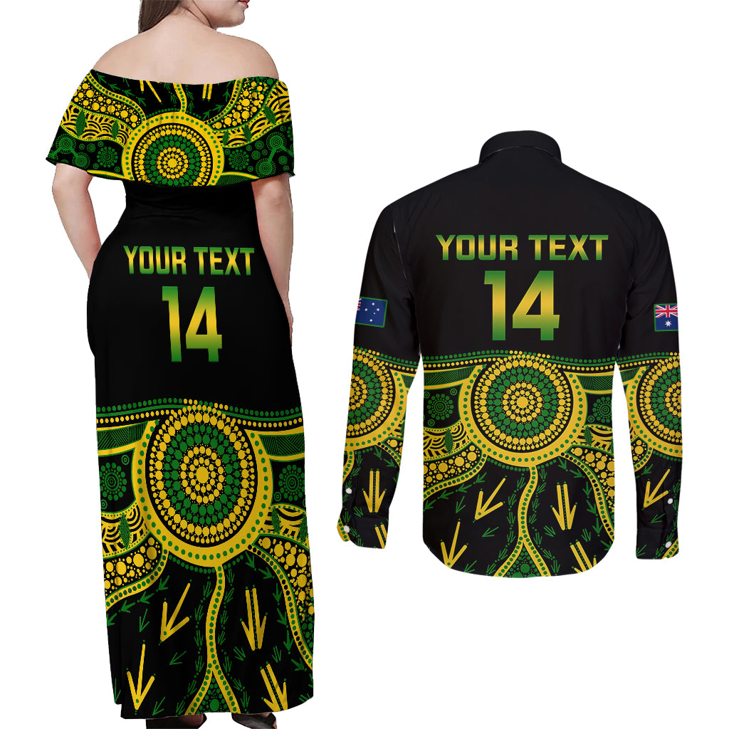 Personalised Australia Soccer Couples Matching Off Shoulder Maxi Dress and Long Sleeve Button Shirts Aboriginal Go Matildas 2023 World Cup - Wonder Print Shop