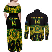 Personalised Australia Soccer Couples Matching Off Shoulder Maxi Dress and Long Sleeve Button Shirts Aboriginal Go Matildas 2023 World Cup - Wonder Print Shop