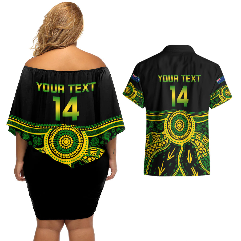 Personalised Australia Soccer Couples Matching Off Shoulder Short Dress and Hawaiian Shirt Aboriginal Go Matildas 2023 World Cup - Wonder Print Shop