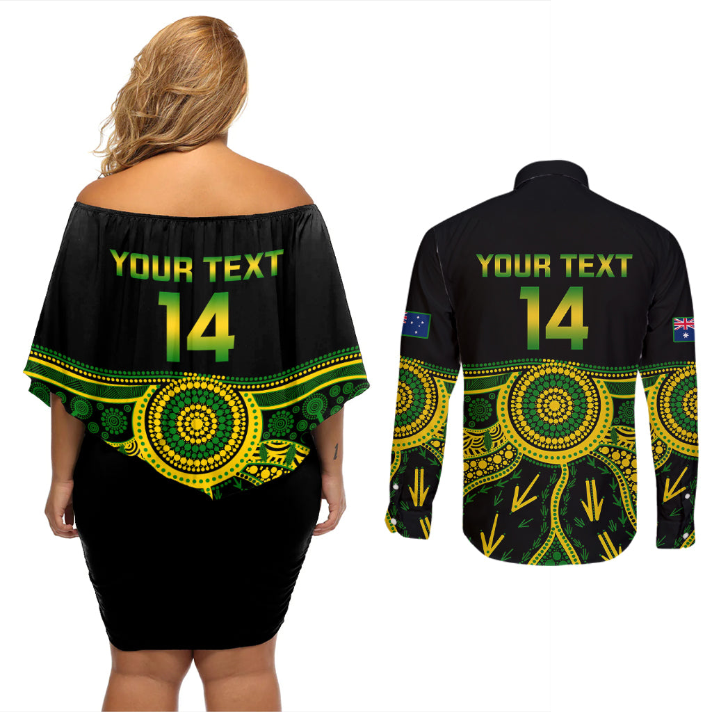 Personalised Australia Soccer Couples Matching Off Shoulder Short Dress and Long Sleeve Button Shirts Aboriginal Go Matildas 2023 World Cup - Wonder Print Shop