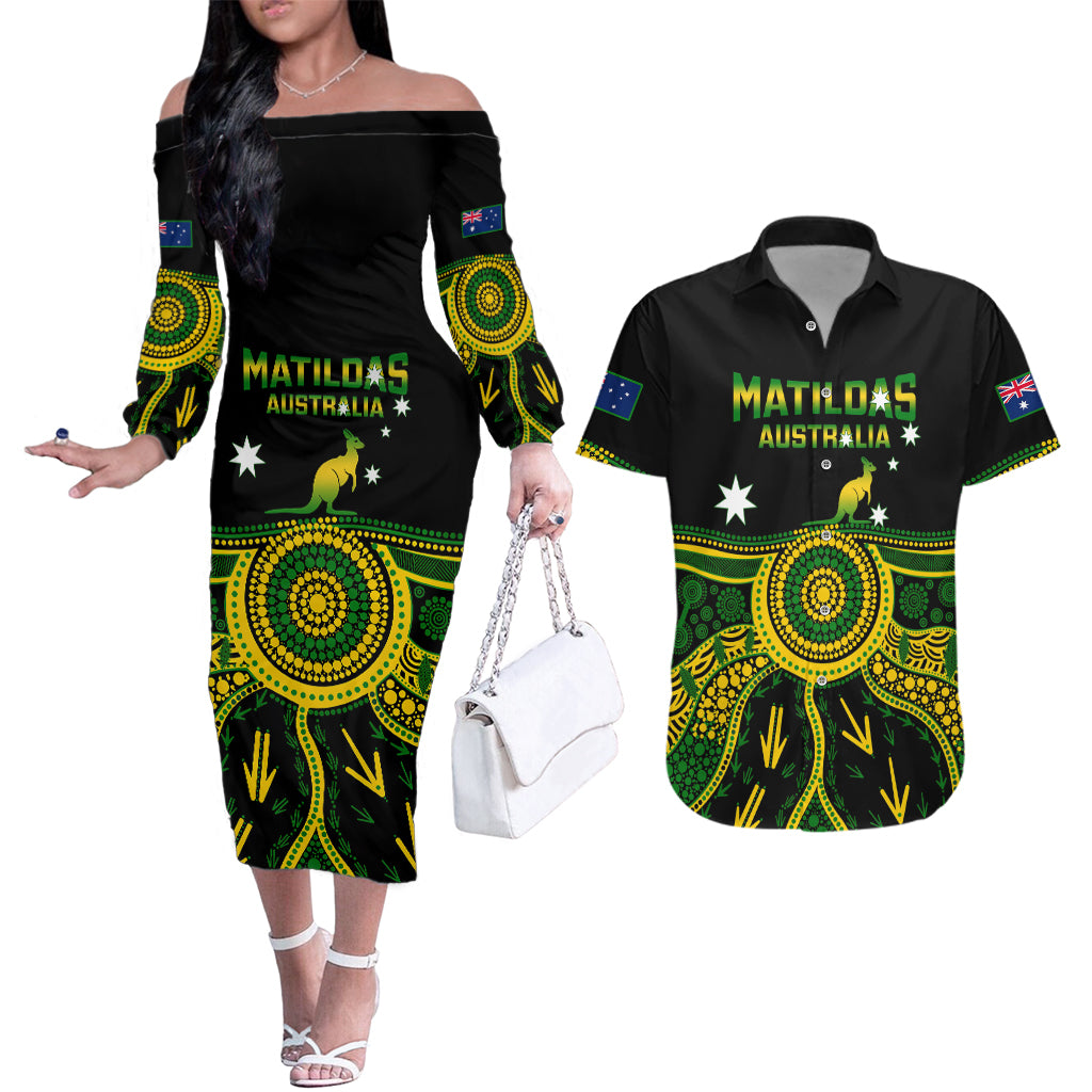 Personalised Australia Soccer Couples Matching Off The Shoulder Long Sleeve Dress and Hawaiian Shirt Aboriginal Go Matildas 2023 World Cup - Wonder Print Shop