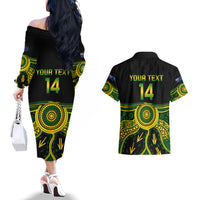 Personalised Australia Soccer Couples Matching Off The Shoulder Long Sleeve Dress and Hawaiian Shirt Aboriginal Go Matildas 2023 World Cup - Wonder Print Shop