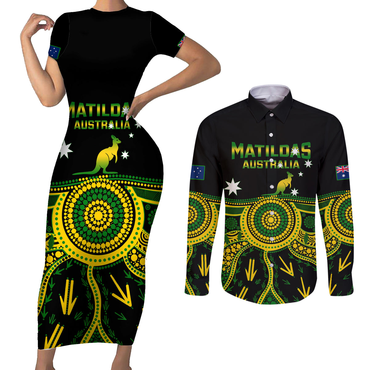 Personalised Australia Soccer Couples Matching Short Sleeve Bodycon Dress and Long Sleeve Button Shirts Aboriginal Go Matildas 2023 World Cup - Wonder Print Shop