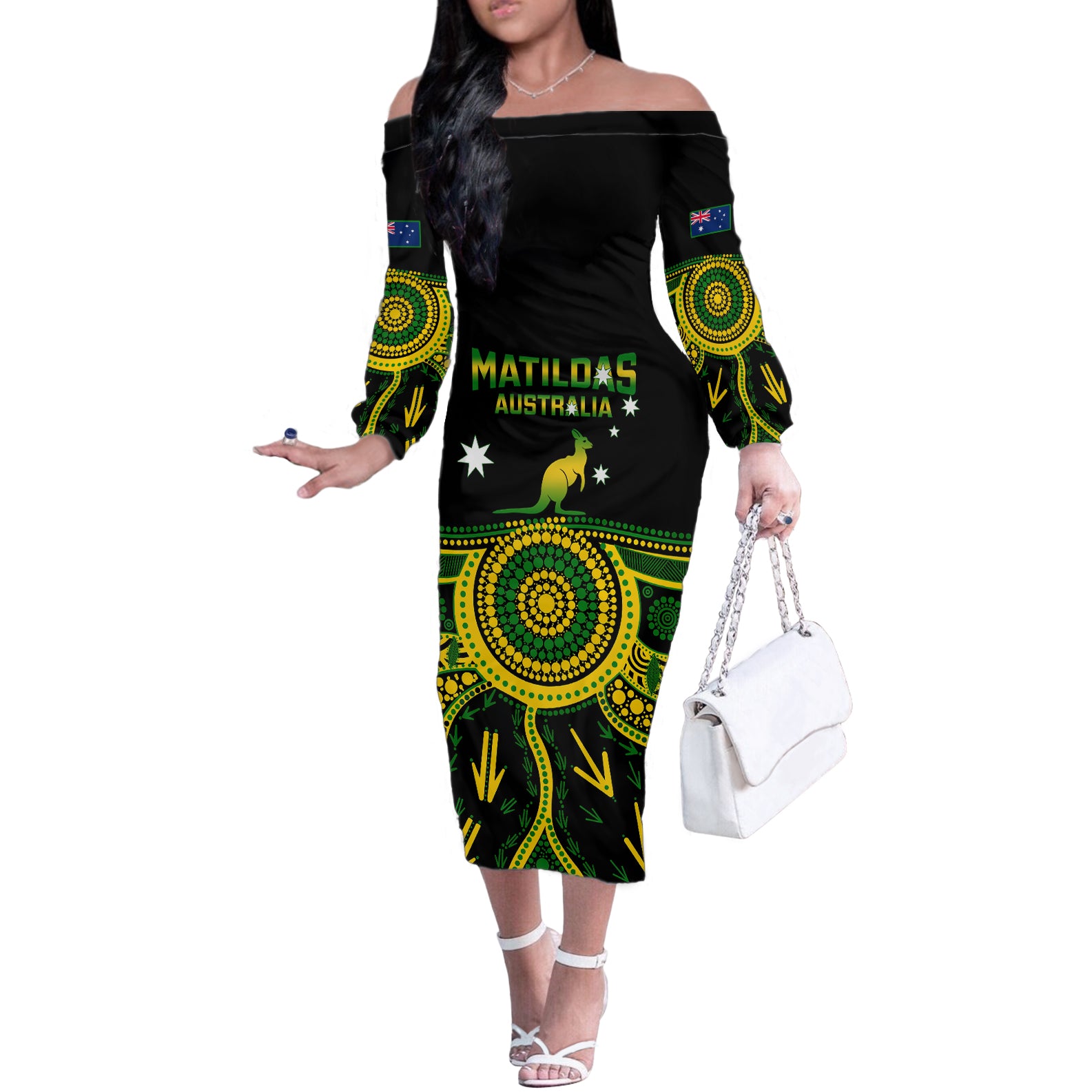 Personalised Australia Soccer Off The Shoulder Long Sleeve Dress Aboriginal Go Matildas 2023 World Cup - Wonder Print Shop
