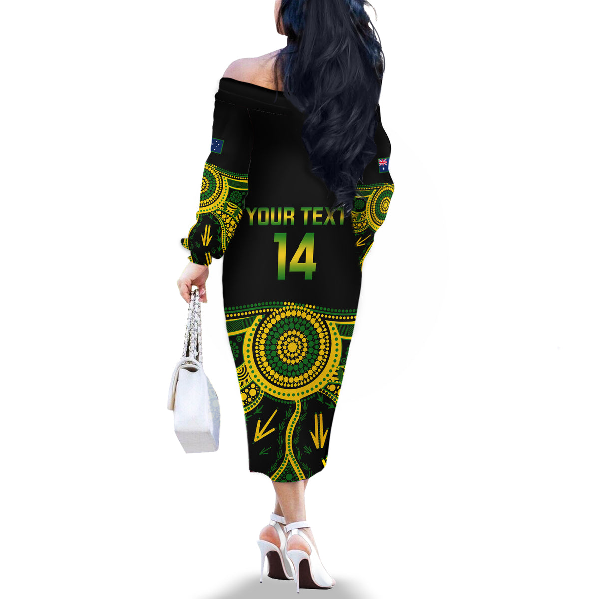 Personalised Australia Soccer Off The Shoulder Long Sleeve Dress Aboriginal Go Matildas 2023 World Cup - Wonder Print Shop