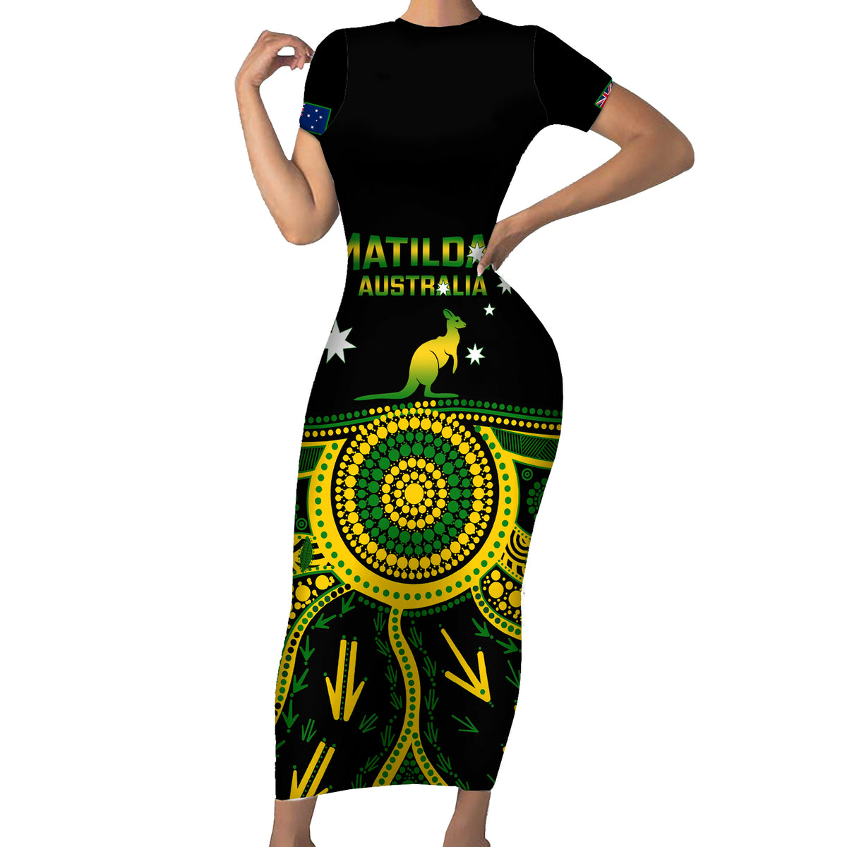 Personalised Australia Soccer Short Sleeve Bodycon Dress Aboriginal Go Matildas 2023 World Cup - Wonder Print Shop