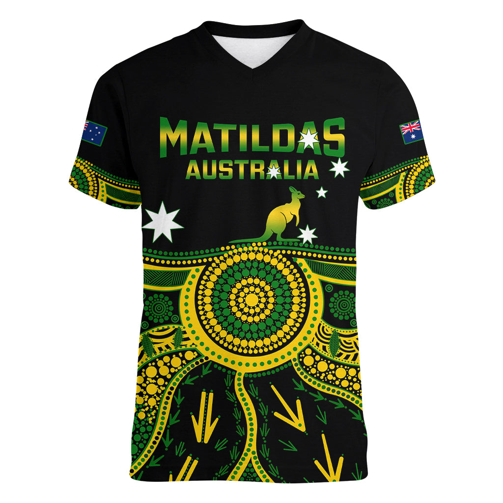 personalised-australia-soccer-women-v-neck-t-shirt-aboriginal-go-matildas-2023-world-cup