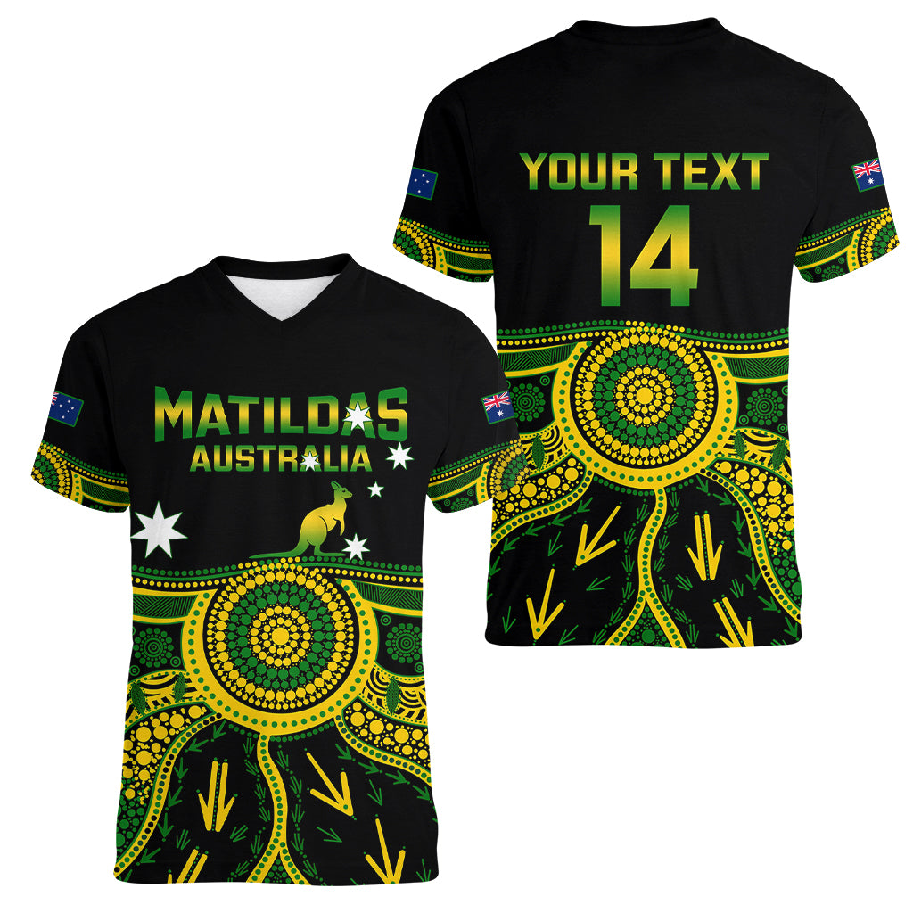 Personalised Australia Soccer Women V Neck T Shirt Aboriginal Go Matildas 2023 World Cup - Wonder Print Shop