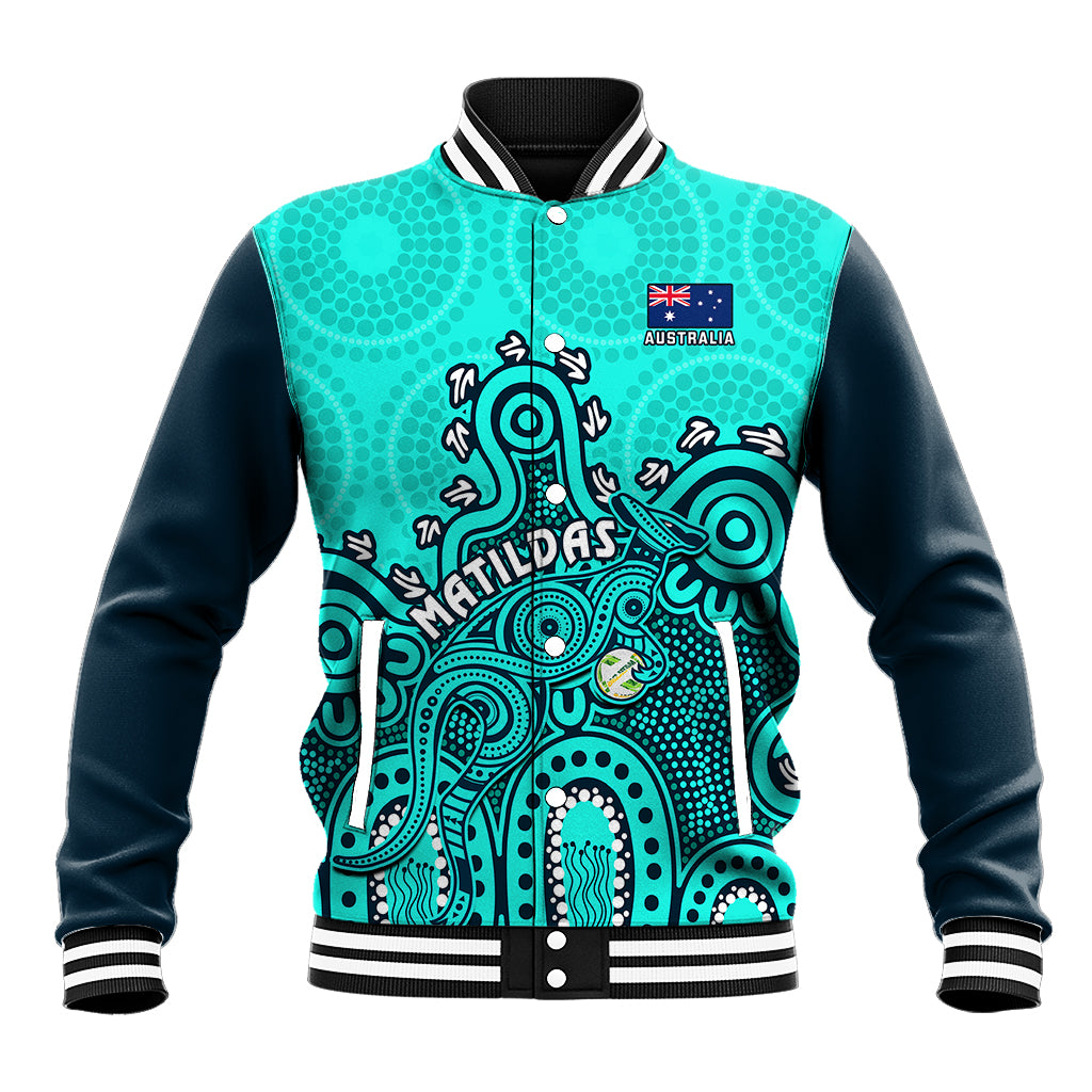 Personalised Australia Soccer Baseball Jacket Aboriginal Turquoise 2023 World Cup With Kangaroo - Wonder Print Shop