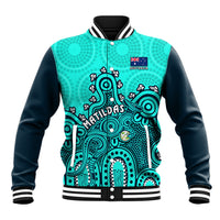 Personalised Australia Soccer Baseball Jacket Aboriginal Turquoise 2023 World Cup With Kangaroo - Wonder Print Shop