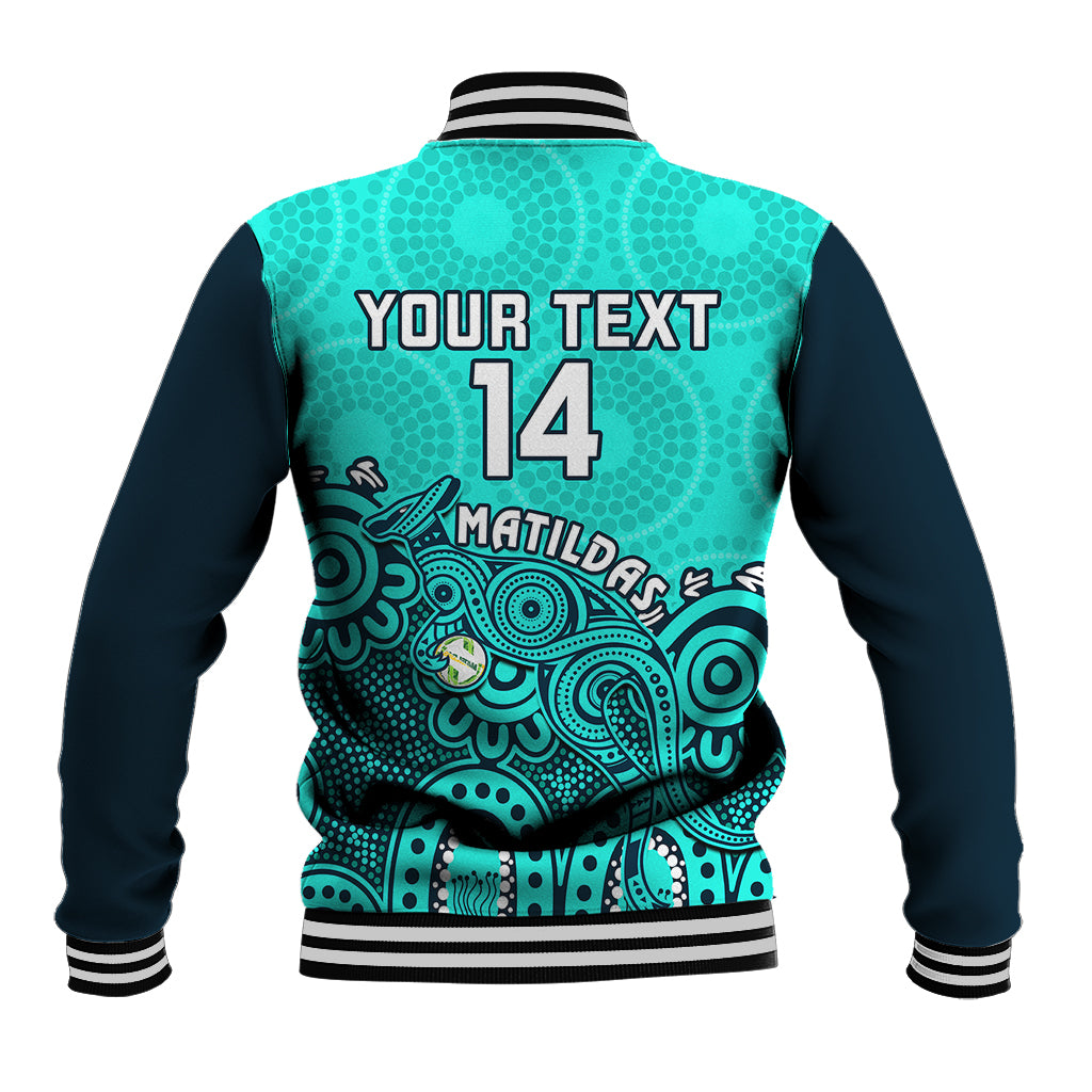 Personalised Australia Soccer Baseball Jacket Aboriginal Turquoise 2023 World Cup With Kangaroo - Wonder Print Shop
