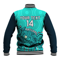 Personalised Australia Soccer Baseball Jacket Aboriginal Turquoise 2023 World Cup With Kangaroo - Wonder Print Shop