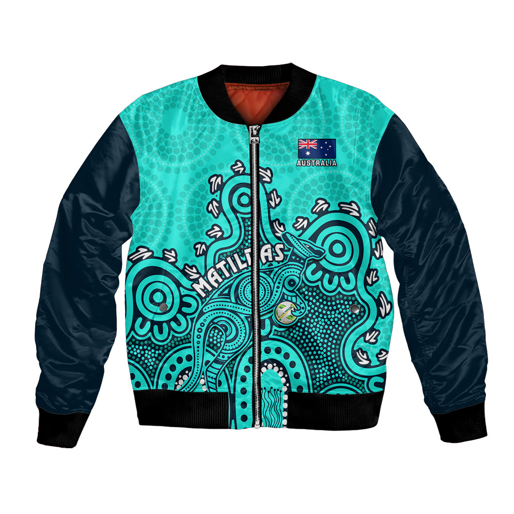 Personalised Australia Soccer Bomber Jacket Aboriginal Turquoise 2023 World Cup With Kangaroo - Wonder Print Shop