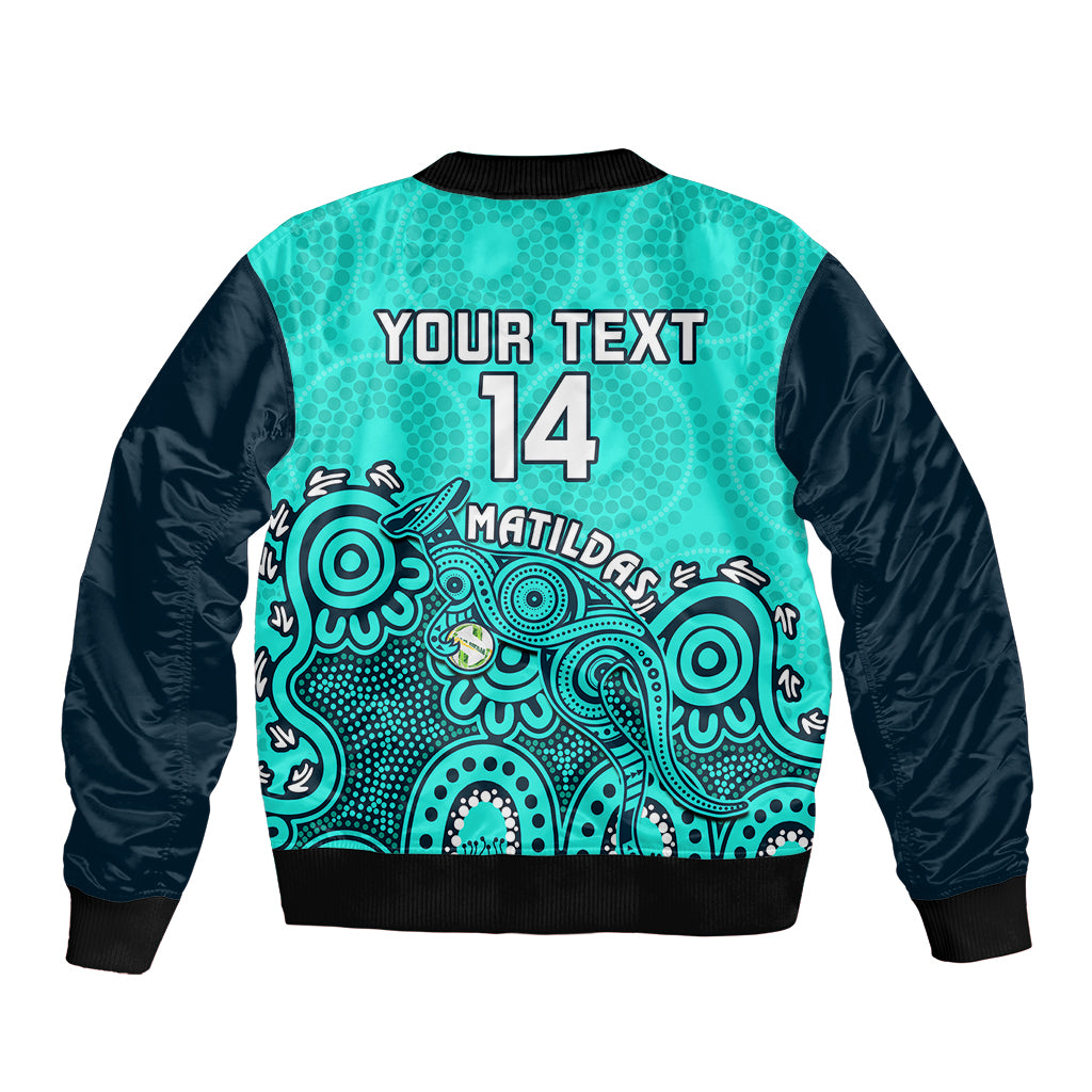Personalised Australia Soccer Bomber Jacket Aboriginal Turquoise 2023 World Cup With Kangaroo - Wonder Print Shop