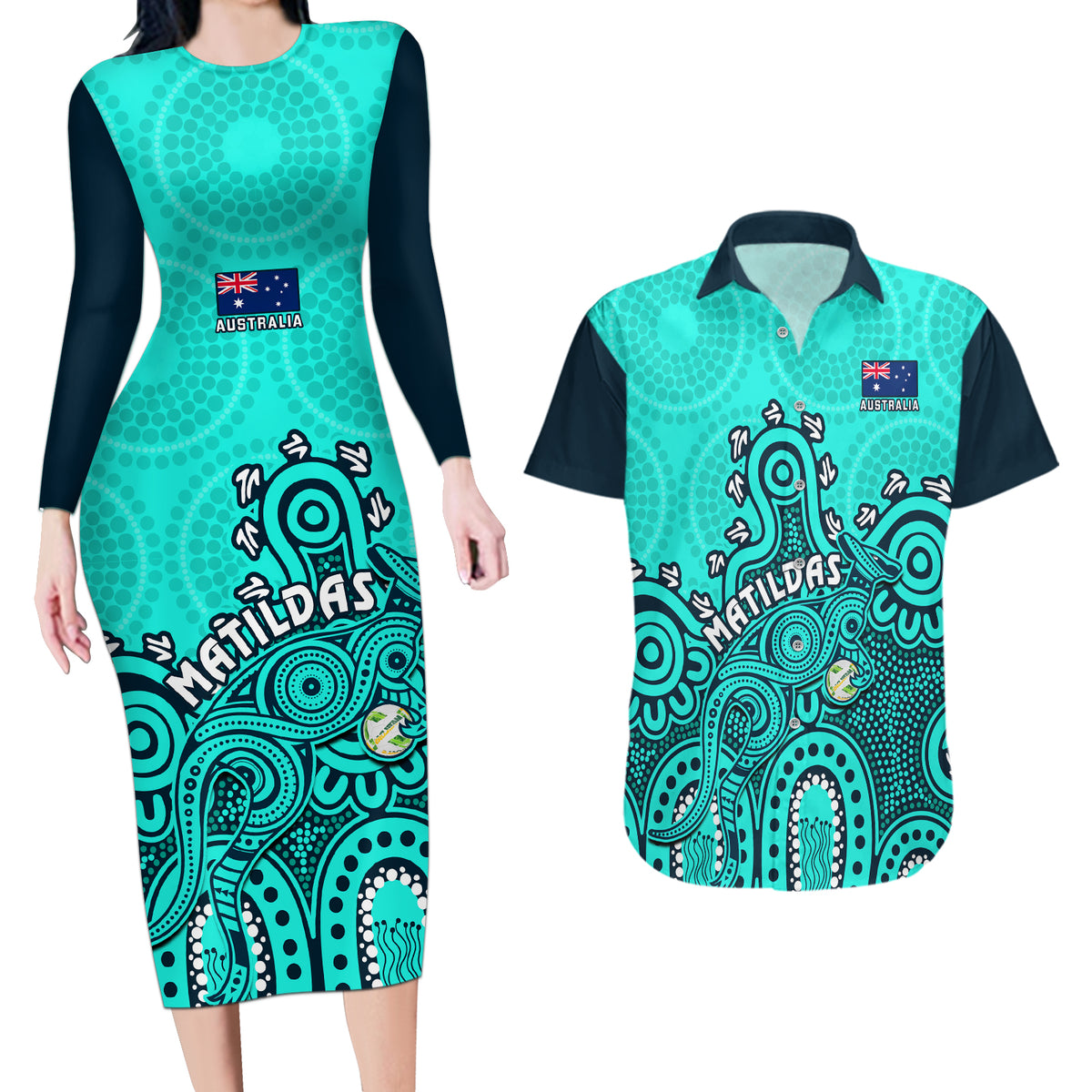 Personalised Australia Soccer Couples Matching Long Sleeve Bodycon Dress and Hawaiian Shirt Aboriginal Turquoise 2023 World Cup With Kangaroo - Wonder Print Shop