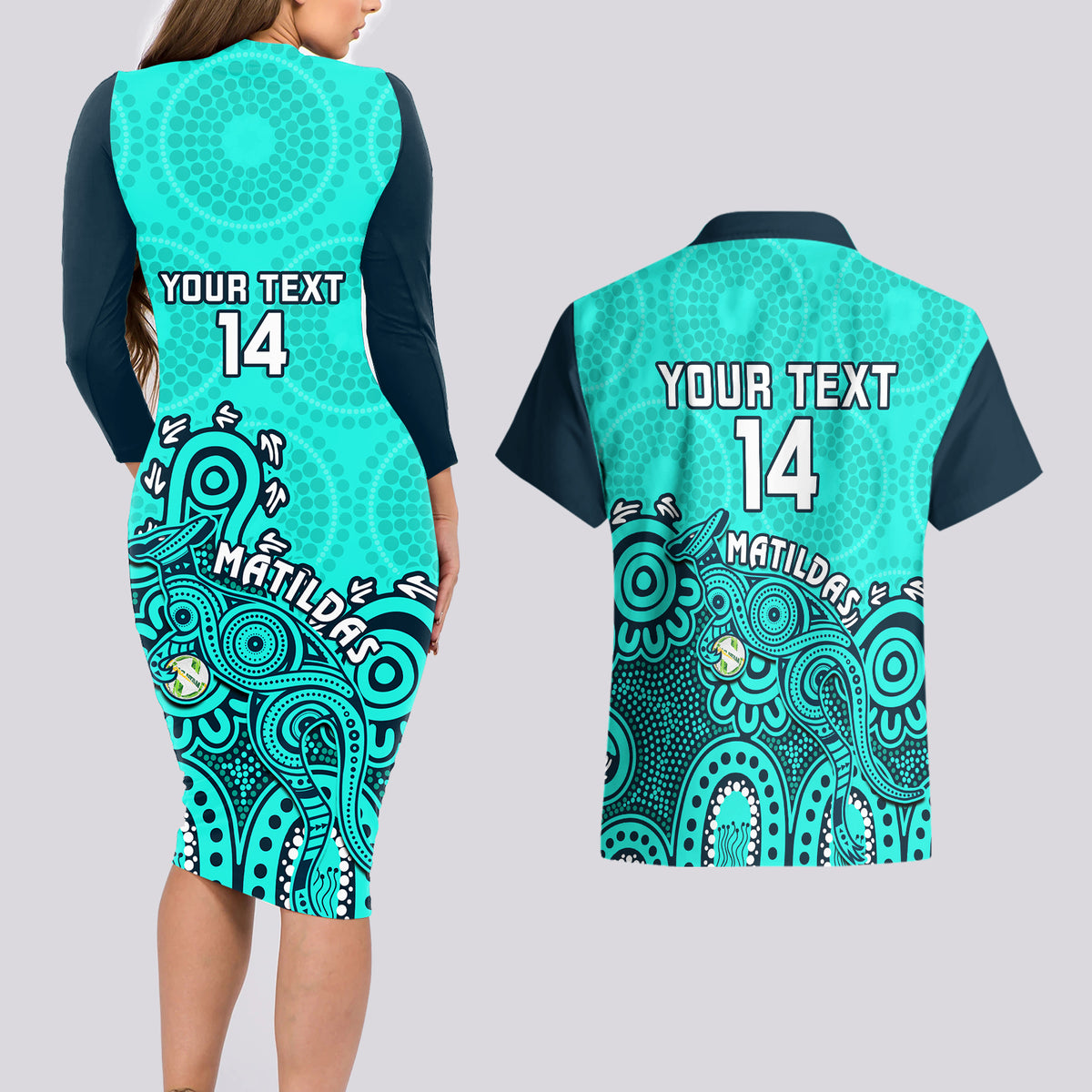 Personalised Australia Soccer Couples Matching Long Sleeve Bodycon Dress and Hawaiian Shirt Aboriginal Turquoise 2023 World Cup With Kangaroo - Wonder Print Shop