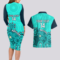 Personalised Australia Soccer Couples Matching Long Sleeve Bodycon Dress and Hawaiian Shirt Aboriginal Turquoise 2023 World Cup With Kangaroo - Wonder Print Shop