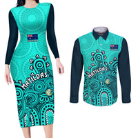 Personalised Australia Soccer Couples Matching Long Sleeve Bodycon Dress and Long Sleeve Button Shirts Aboriginal Turquoise 2023 World Cup With Kangaroo - Wonder Print Shop