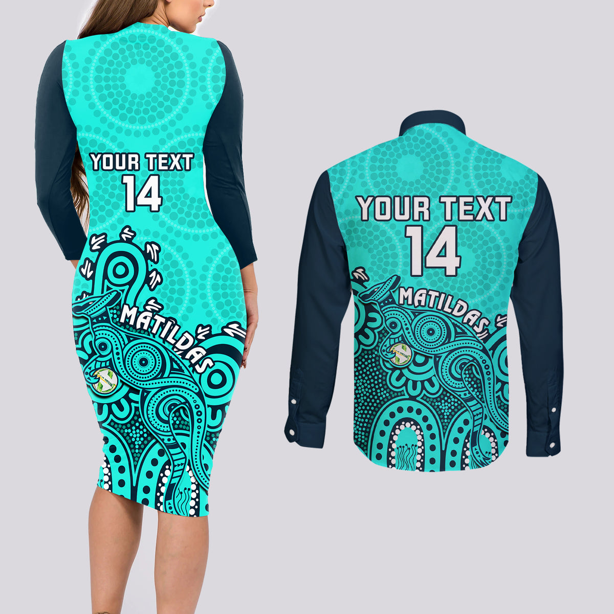 Personalised Australia Soccer Couples Matching Long Sleeve Bodycon Dress and Long Sleeve Button Shirts Aboriginal Turquoise 2023 World Cup With Kangaroo - Wonder Print Shop