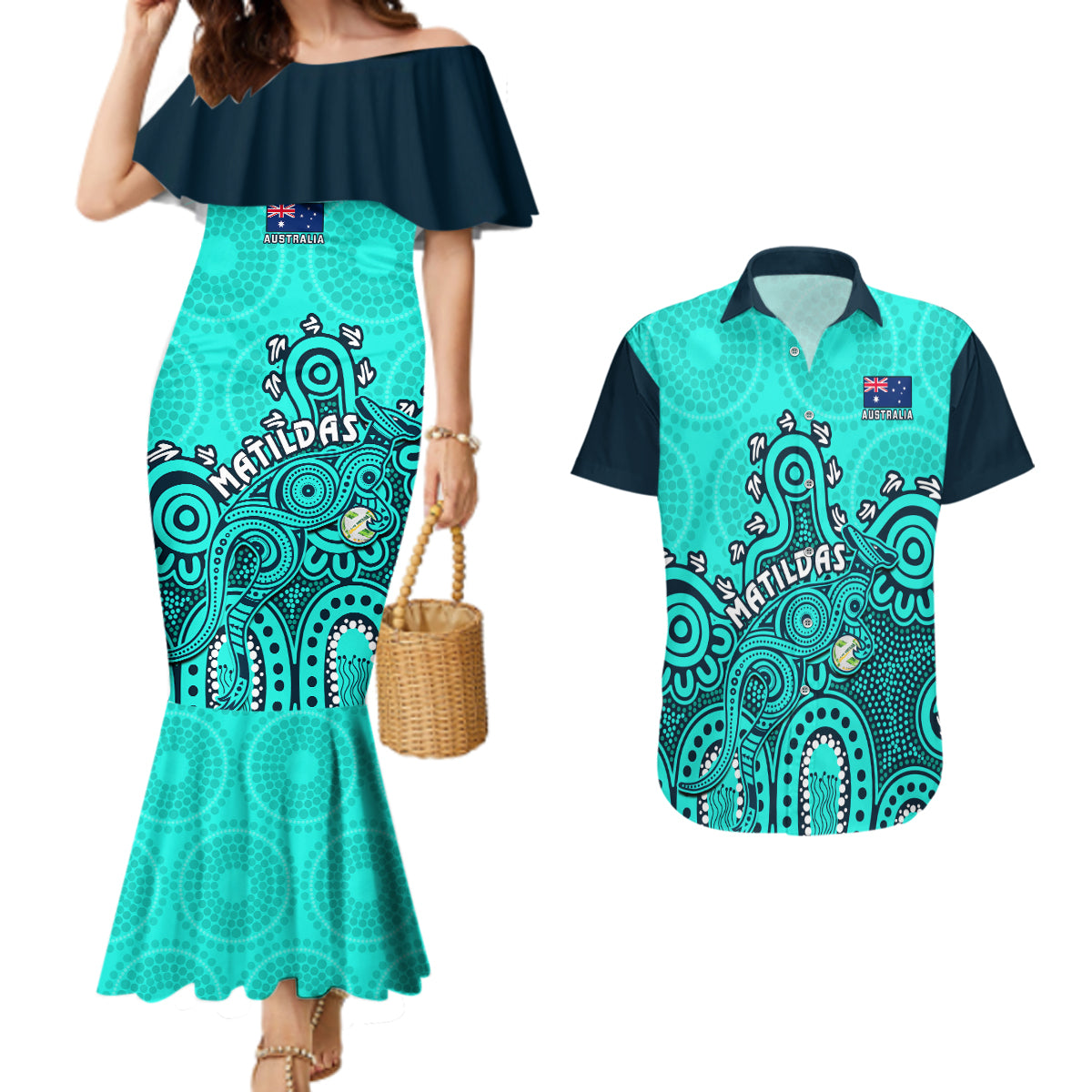 Personalised Australia Soccer Couples Matching Mermaid Dress and Hawaiian Shirt Aboriginal Turquoise 2023 World Cup With Kangaroo - Wonder Print Shop