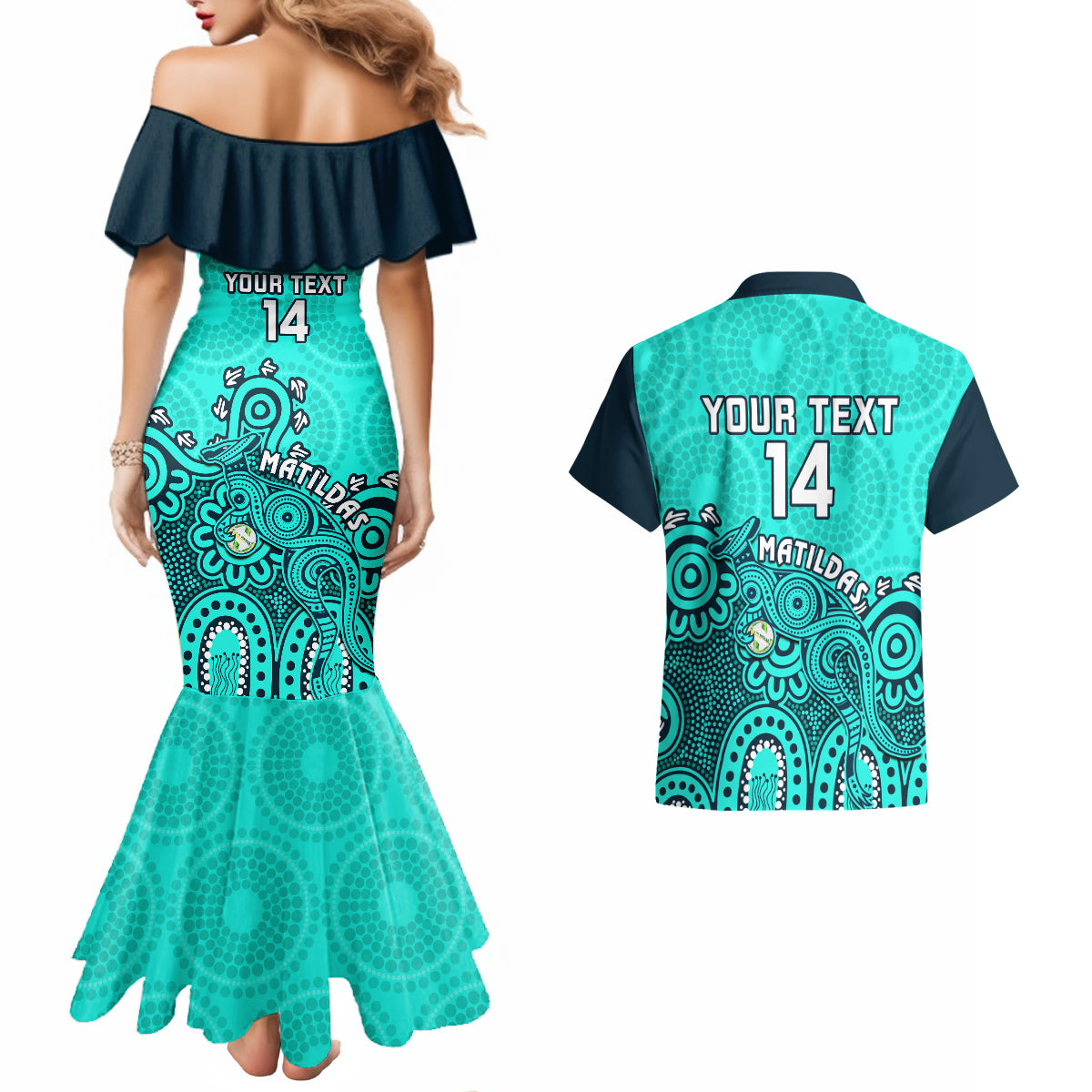 Personalised Australia Soccer Couples Matching Mermaid Dress and Hawaiian Shirt Aboriginal Turquoise 2023 World Cup With Kangaroo - Wonder Print Shop