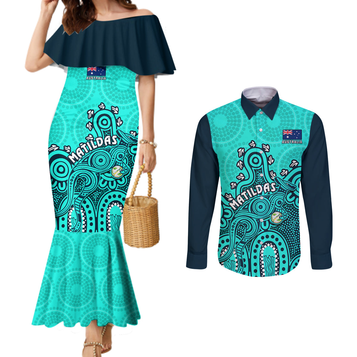 personalised-australia-soccer-couples-matching-mermaid-dress-and-long-sleeve-button-shirts-aboriginal-turquoise-2023-world-cup-with-kangaroo