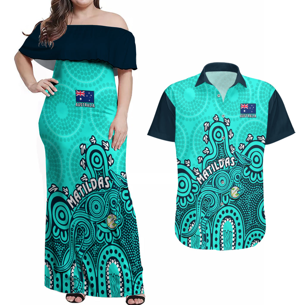 Personalised Australia Soccer Couples Matching Off Shoulder Maxi Dress and Hawaiian Shirt Aboriginal Turquoise 2023 World Cup With Kangaroo - Wonder Print Shop