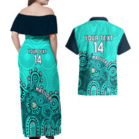 Personalised Australia Soccer Couples Matching Off Shoulder Maxi Dress and Hawaiian Shirt Aboriginal Turquoise 2023 World Cup With Kangaroo - Wonder Print Shop