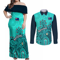 Personalised Australia Soccer Couples Matching Off Shoulder Maxi Dress and Long Sleeve Button Shirts Aboriginal Turquoise 2023 World Cup With Kangaroo - Wonder Print Shop