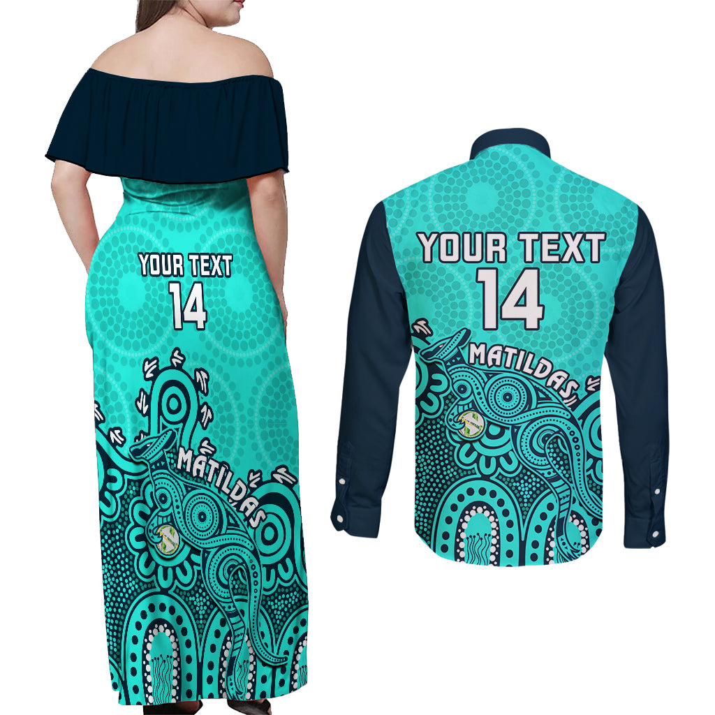 Personalised Australia Soccer Couples Matching Off Shoulder Maxi Dress and Long Sleeve Button Shirts Aboriginal Turquoise 2023 World Cup With Kangaroo - Wonder Print Shop