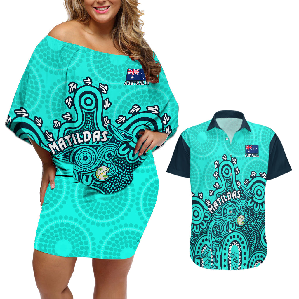 Personalised Australia Soccer Couples Matching Off Shoulder Short Dress and Hawaiian Shirt Aboriginal Turquoise 2023 World Cup With Kangaroo - Wonder Print Shop