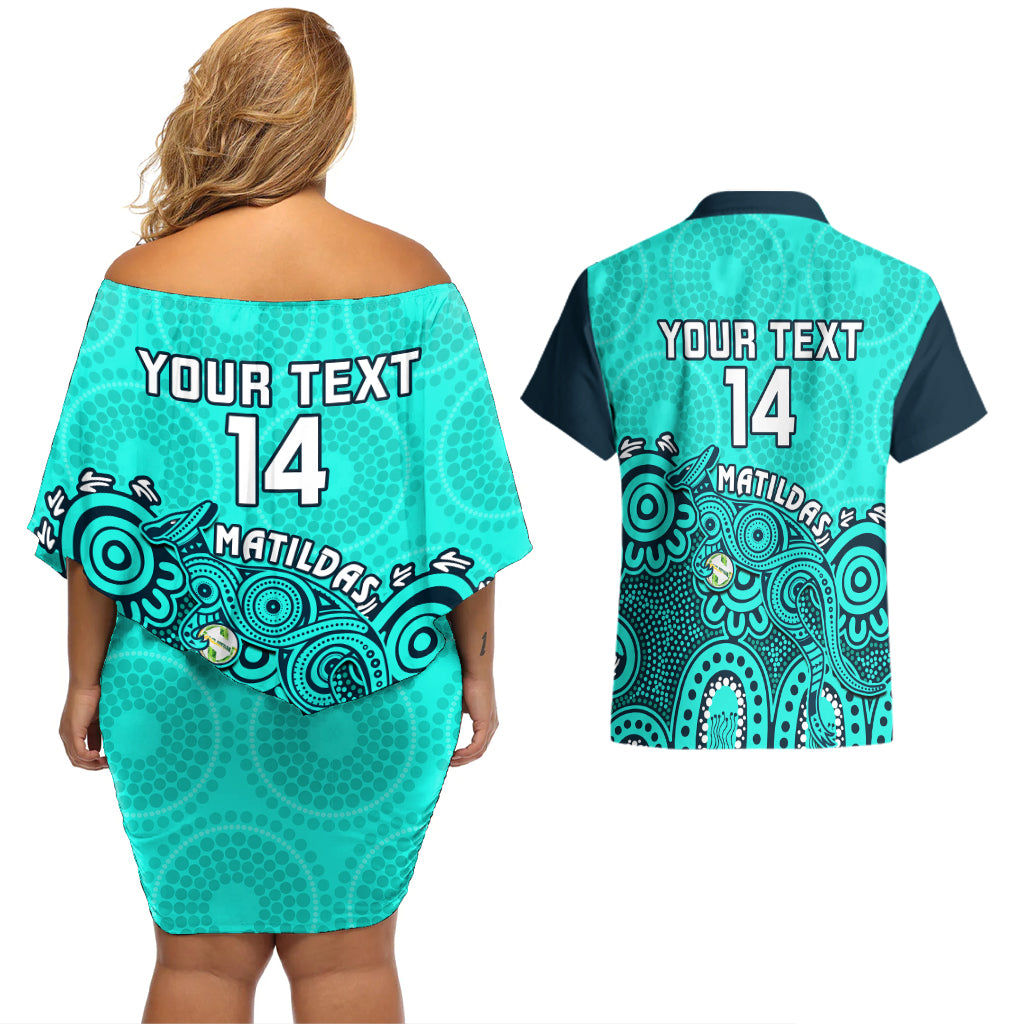 Personalised Australia Soccer Couples Matching Off Shoulder Short Dress and Hawaiian Shirt Aboriginal Turquoise 2023 World Cup With Kangaroo - Wonder Print Shop