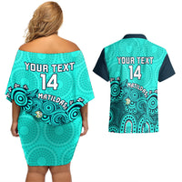 Personalised Australia Soccer Couples Matching Off Shoulder Short Dress and Hawaiian Shirt Aboriginal Turquoise 2023 World Cup With Kangaroo - Wonder Print Shop