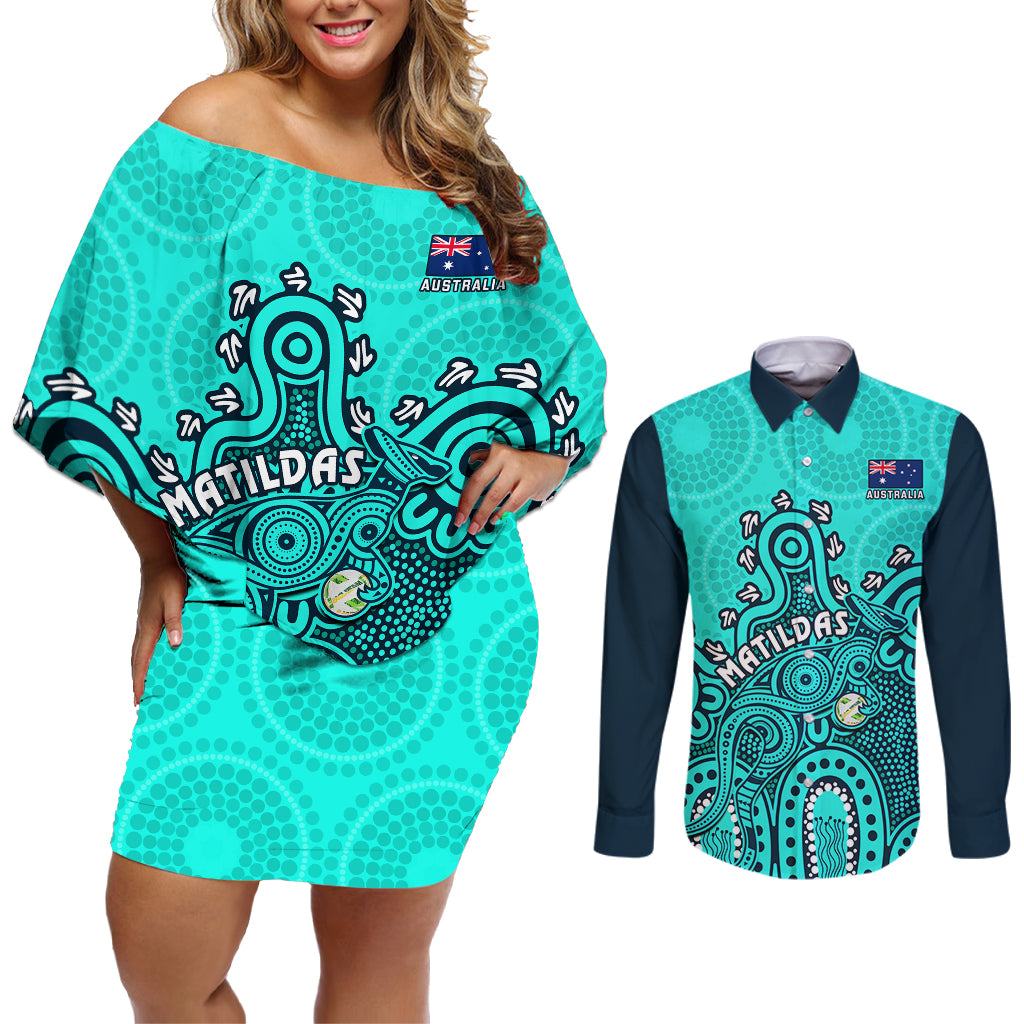 Personalised Australia Soccer Couples Matching Off Shoulder Short Dress and Long Sleeve Button Shirts Aboriginal Turquoise 2023 World Cup With Kangaroo - Wonder Print Shop