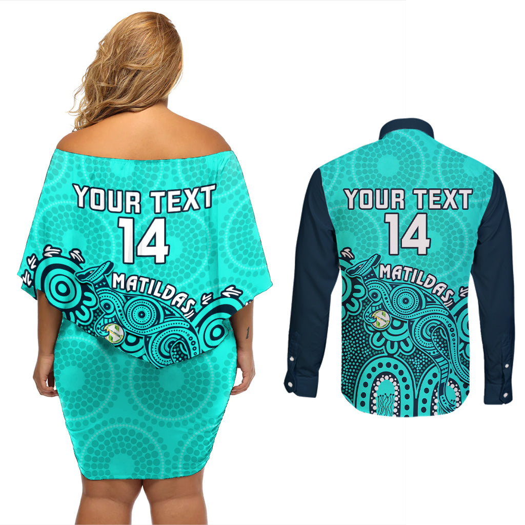 Personalised Australia Soccer Couples Matching Off Shoulder Short Dress and Long Sleeve Button Shirts Aboriginal Turquoise 2023 World Cup With Kangaroo - Wonder Print Shop