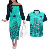 Personalised Australia Soccer Couples Matching Off The Shoulder Long Sleeve Dress and Hawaiian Shirt Aboriginal Turquoise 2023 World Cup With Kangaroo - Wonder Print Shop
